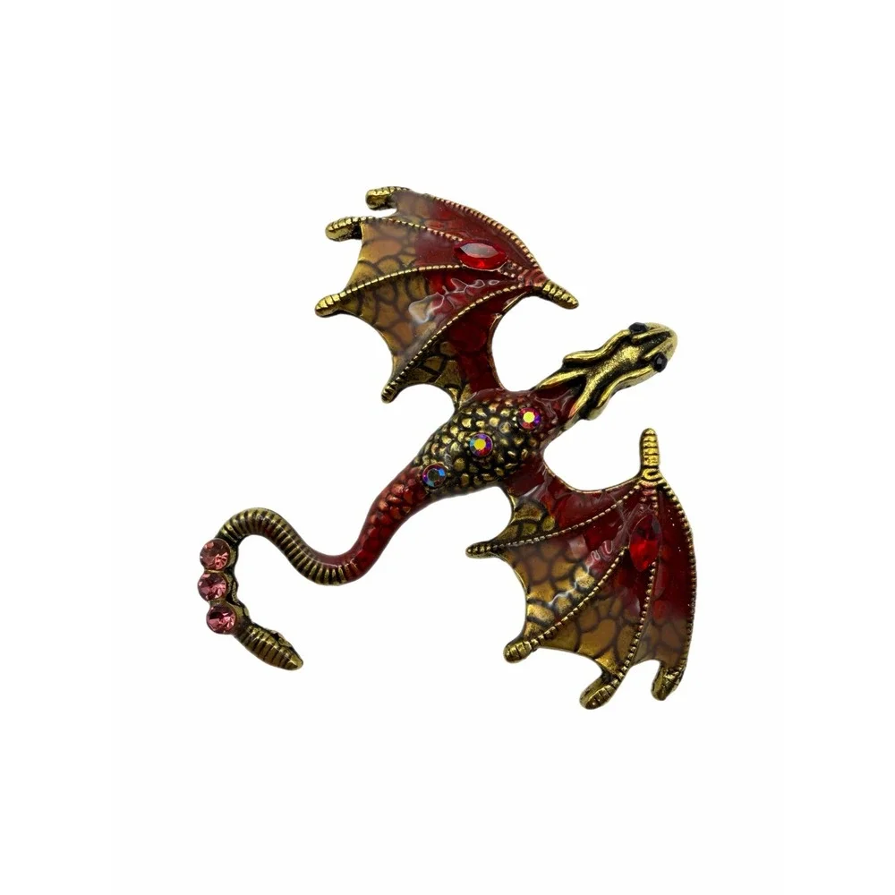 Red Enamel Dragon Brooch Gold Tone Rhinestone Mythical Fantasy Pin